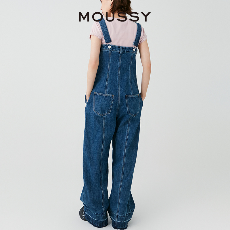 MOUSSY 2024夏季新品设计感毛边中线直筒牛仔背带裤010HSA11-0400 - 图1