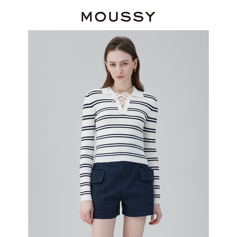 MOUSSY 通勤风撞色条纹绑带修身针织衫028GSZ70-0020 - 图0