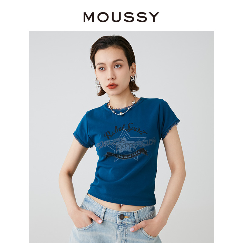 MOUSSY 2024夏季新品美式复古辣妹蕾丝花边短袖T恤028HSZ90-0631 - 图1