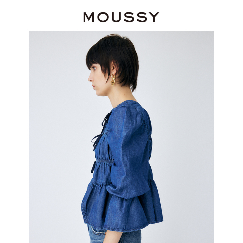 MOUSSY 日系甜美正反两穿系带抽褶泡泡袖纯色衬衫女010GSK11-0150 - 图1