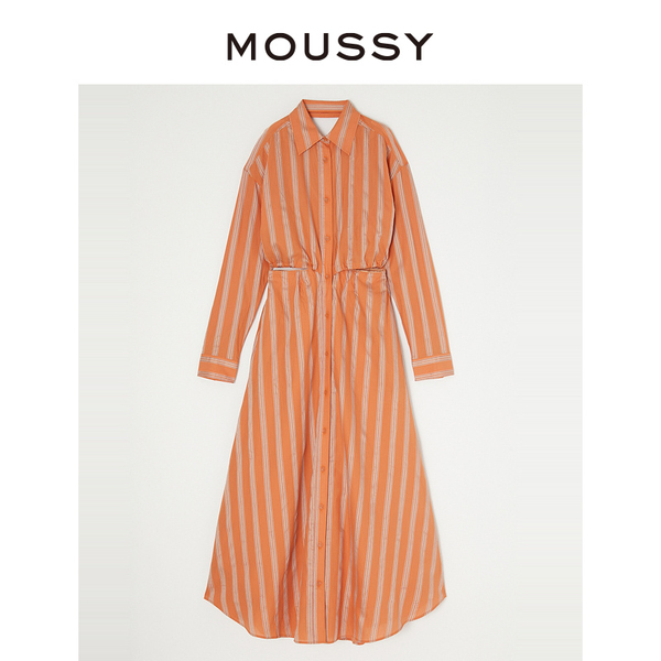 MOUSSY 度假风撞色条纹抽绳露腰通勤休闲衬衫连衣裙010GSS30-1740