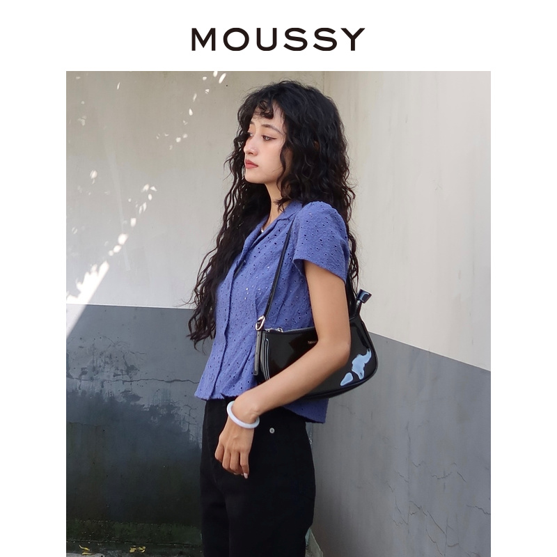 MOUSSY 夏季新品通勤淑女镂空泡泡袖收腰短袖衬衫女028FS730-0350 - 图1