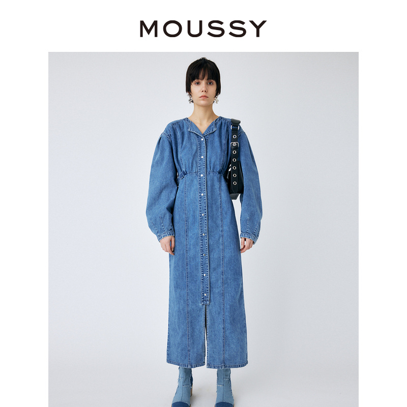 MOUSSY 丹宁风泡泡袖下摆开叉牛仔连衣裙010GSK11-0090 - 图0