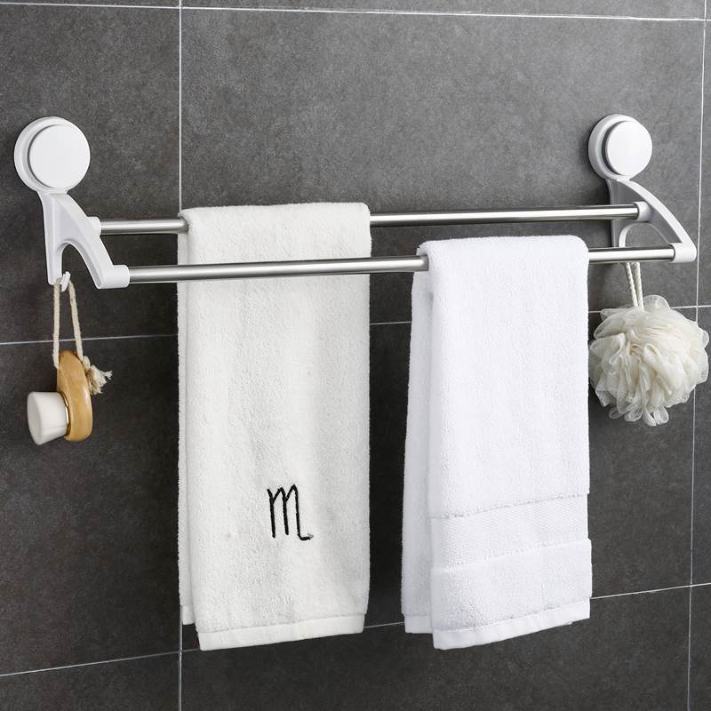 卫生间毛巾架免打孔双杆吸盘式浴巾挂架不锈钢壁挂浴室挂毛巾杆子 - 图0