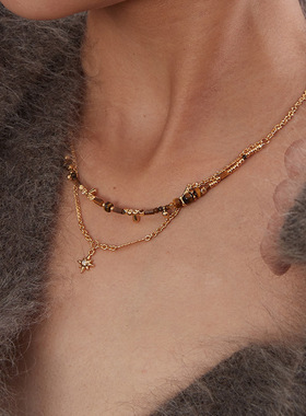 双层虎眼石项链美拉德饰品锁骨链