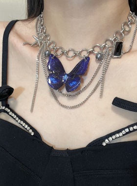 梦幻蓝色蝴蝶流苏项链甜酷辣妹高级感小众锁骨链时尚潮流设计饰品