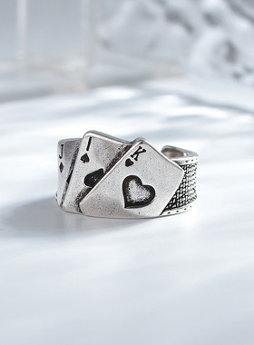 ｛复古做旧扑克牌戒指｝男士赌神幸运开口指环欧美方块同花顺戒指