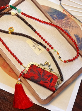 原创设计中国红玛瑙斜挎背背链宋锦包包装饰多戴长款项链国风配饰
