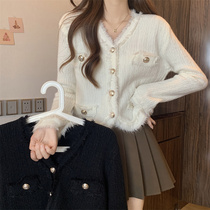 Big Code Fat MM Small Scent Wind Jacket Lady Autumn Winter 2023 Conspicuous Temperament Irregular V Collar Fluid-knit Cardiovert