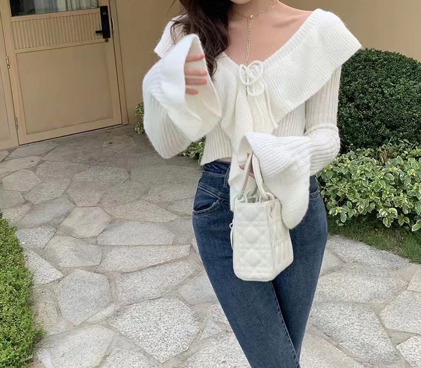 2025春秋纯欲风小众设计感荷叶边毛衣针织系带减龄上衣女喇叭袖,淘宝优惠券,粉丝福利购,淘宝优惠卷