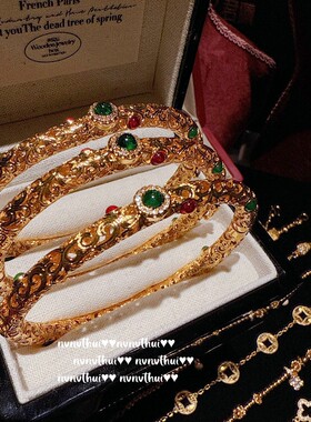 古法花丝螺钿点钻葫芦福禄手链 新中式 宫廷花丝绿玉髓手镯 套装