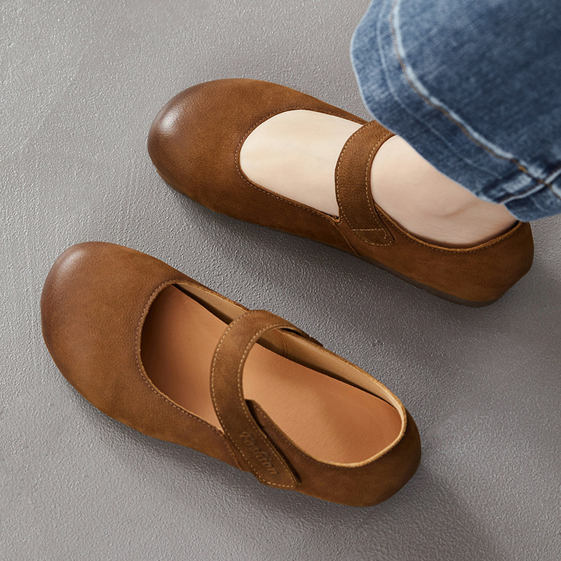 头层牛皮女鞋复古风玛丽珍鞋平底魔术贴圆头浅口百搭舒适休闲单鞋,淘宝优惠券,粉丝福利购,淘宝优惠卷