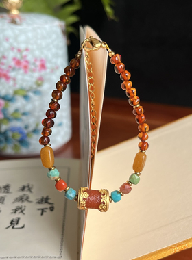 「锦屏韶光」原创天然石手链松石琥珀蜜蜡撞色手串东方配色手饰品