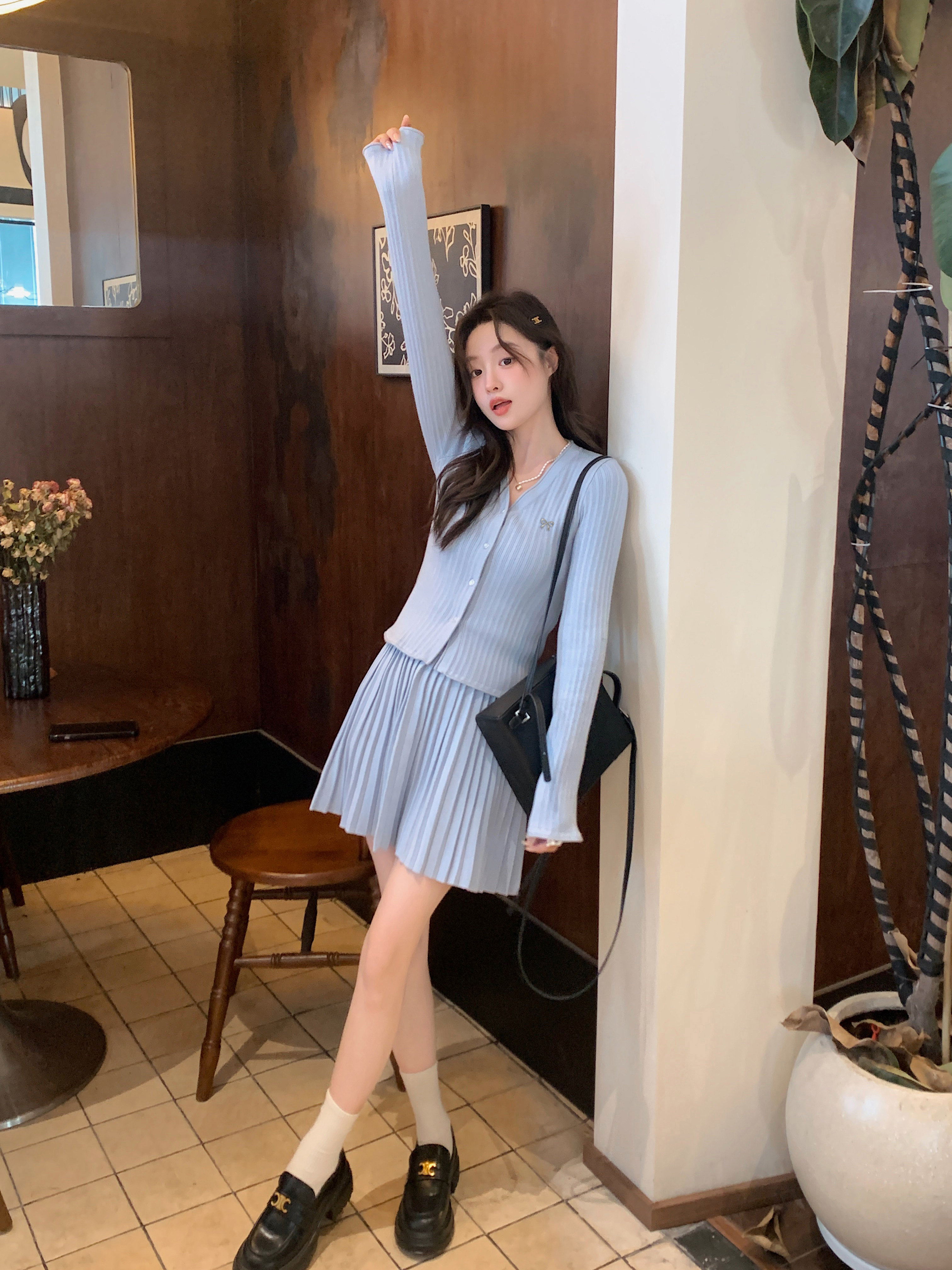 JAMUUS奶蓝色坑条蝴蝶结针织开衫女喇叭袖甜美显瘦百褶短裙套装,淘宝优惠券,粉丝福利购,淘宝优惠卷