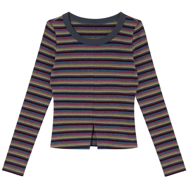 你好卡农 撞色条纹衣摆开叉长袖t恤女春季新款修身显瘦设计感上衣,淘宝优惠券,粉丝福利购,淘宝优惠卷