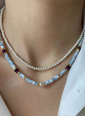 天然石头白蝶贝浅蓝色串珠项链女夏天轻奢小众高级感2024新款颈链