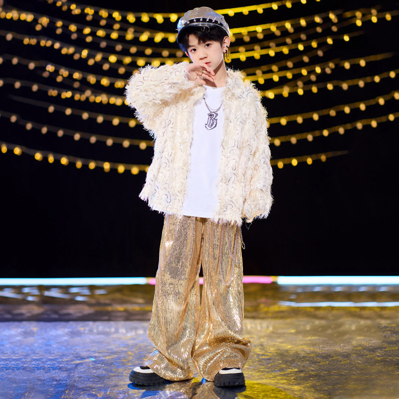 女童爵士舞jazz少儿街舞演出服炸街毛绒外套男童套装金色亮片裤子,淘宝优惠券,粉丝福利购,淘宝优惠卷