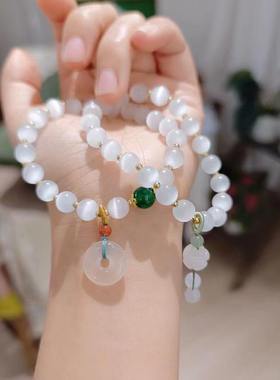 国潮猫眼石串珠手链女ins小众设计平安扣莲花吊坠珠子手串手饰品