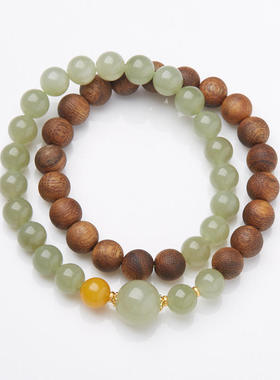 沉香手串女士盘玩天然和田玉串珠双圈手链新中式国风好运珠手链