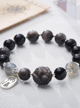 天然黑曜石貔貅手链女凤九月光石水晶好运手串银曜石闺蜜礼物