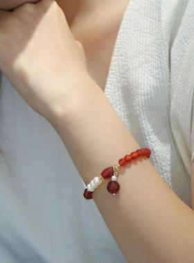 红玛瑙珍珠手链 淡水珍珠饰品手饰送女友送妈妈女士手串首饰