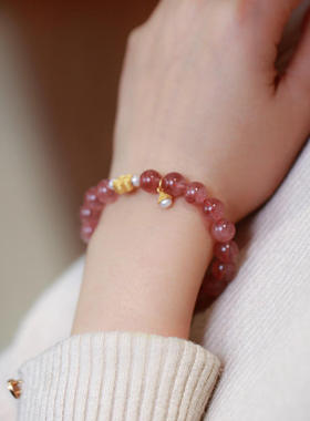 时尚天然草莓晶手链女纯银镀金桃花草莓晶手串送闺蜜古风生日礼物