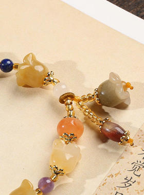 翡亦天然金丝玉手链女士闺蜜玉石手串吊金丝玉铃兰黄玉手串手饰品