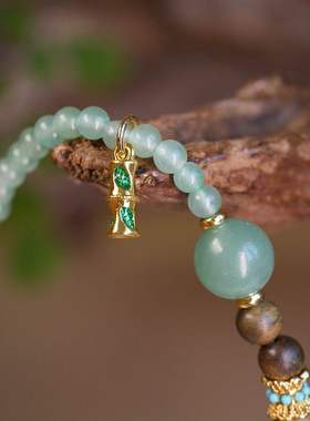 天然绿檀手链绿东陵节节高升竹节双圈手串新中式叠戴双圈手串