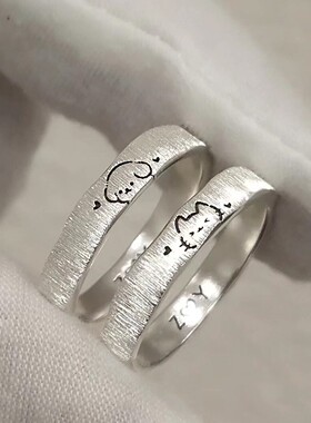 S925银拉丝猫狗情侣对戒百搭