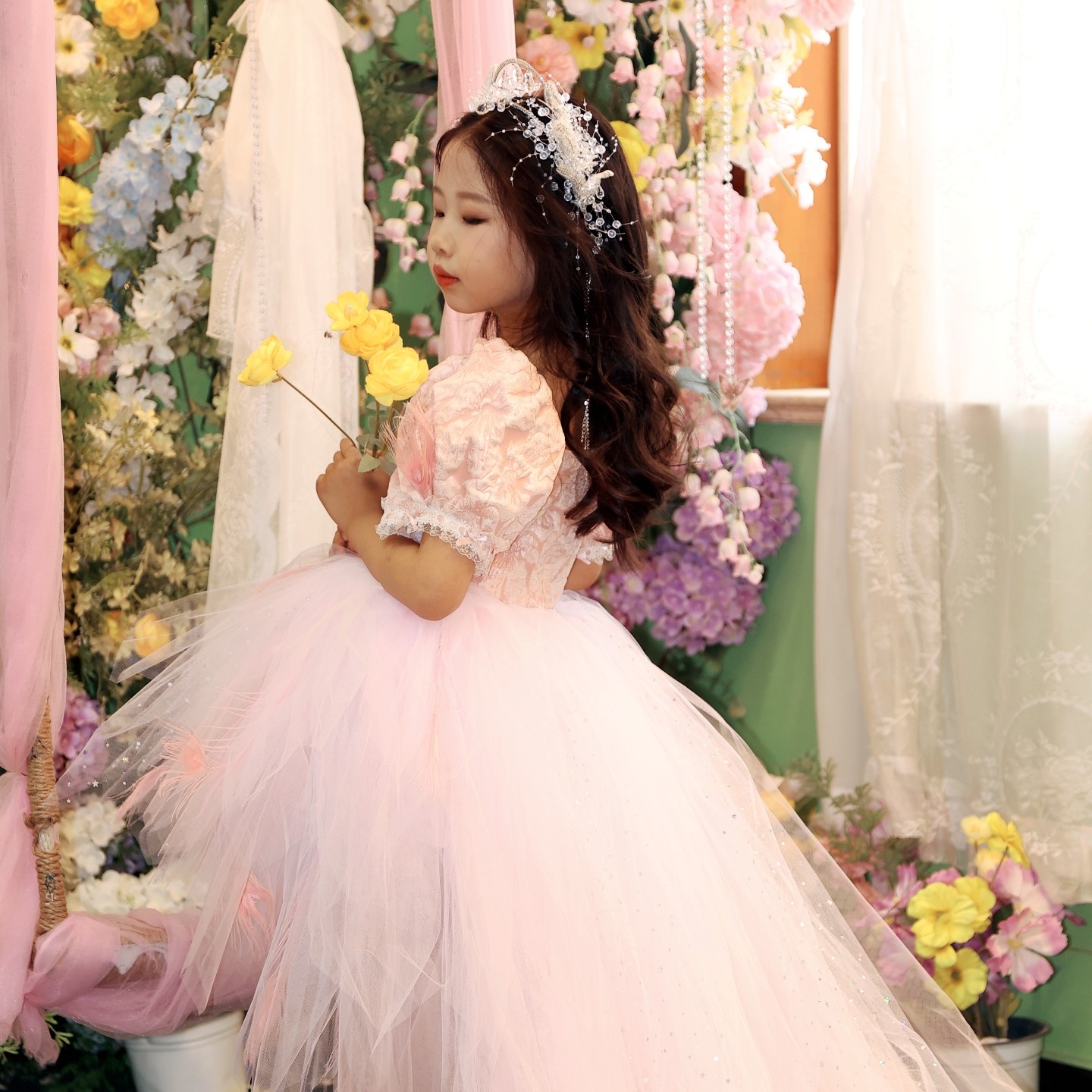 儿童礼服女童孔雀翎粉色公主裙生日宴会礼服主持人走秀钢琴演出服,淘宝优惠券,粉丝福利购,淘宝优惠卷