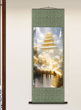 堂口竖版丝绸卷轴装饰挂画走廊尽头轻奢装饰画南天门仙境亭台楼阁