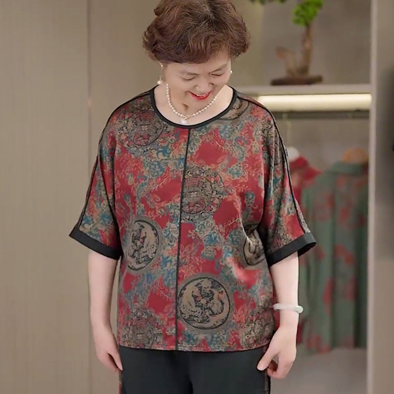 妈妈夏装短袖套装中老年人洋气大码女装奶奶复古两件套阔太太衣服