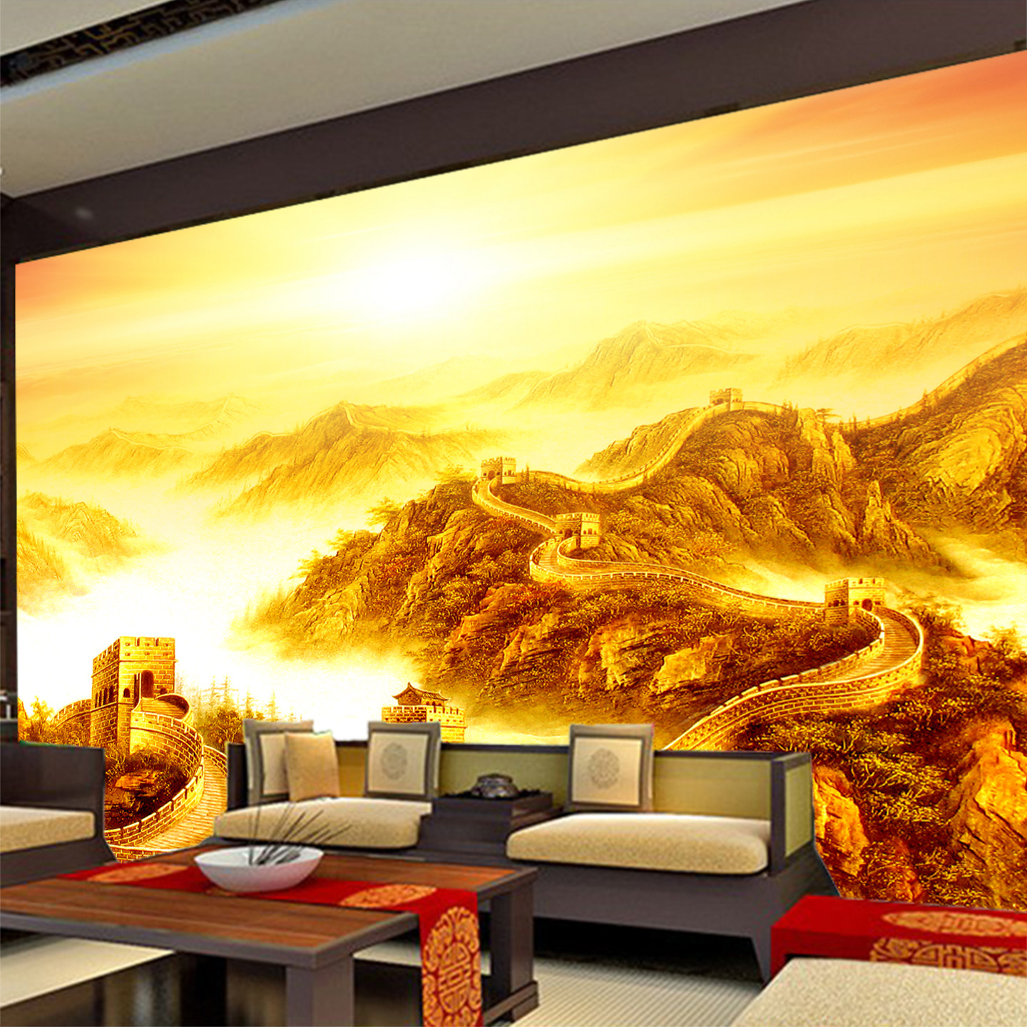 万里长城龙抬头靠山背景墙纸海纳百川长城风光墙画茶室办公室壁纸,淘宝优惠券,粉丝福利购,淘宝优惠卷