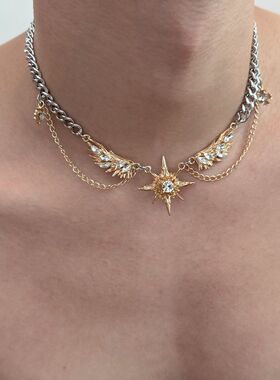 金色星芒翅膀项链男款潮流小众设计感美式嘻哈女生高级感锁骨链