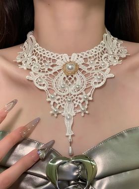复古白色珍珠蕾丝choker宫廷风项链女小众高级感锁骨链纯欲风颈链