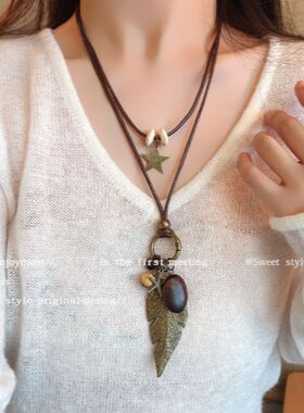 新中式禅意长款羽毛项链女复古民族风装饰毛衣链波西米亚吊坠配饰