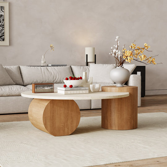 洞石茶几岩板大理石侘寂极简圆形客厅家用中古轻奢设计师创意茶桌