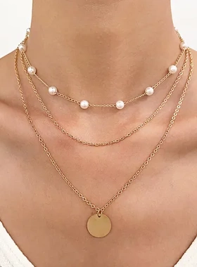气质复古项链欧美爱心ins风吊坠珍珠锁骨链个性女圆片多层叠戴