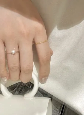 纤细异彩女包金戒指可水洗复古叠戴气质简约珍珠14k指环美国