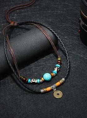 吊坠直销复古项链个性饰品简约男式钱币绿松石欧美