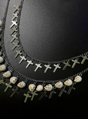小众骷髅头暗黑系欧美嘻哈朋克哥特风项链钛钢双层十字架配饰男女