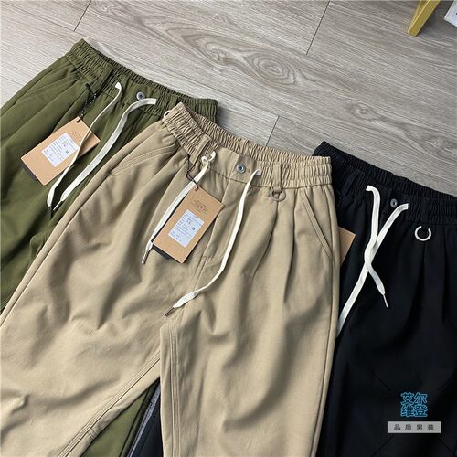 纱卡斜纹全棉水洗面料加绒加厚冬季宽松锥形休闲裤男松紧腰长裤潮 - 图0