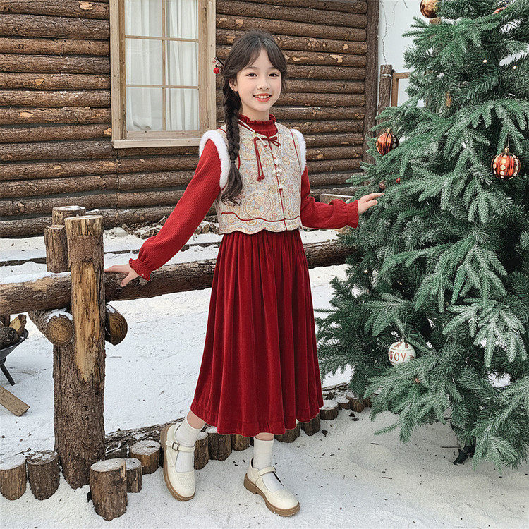 红色连衣裙秋冬中大童新中式拜年服加绒加厚本命年汉服马甲三件套,淘宝优惠券,粉丝福利购,淘宝优惠卷