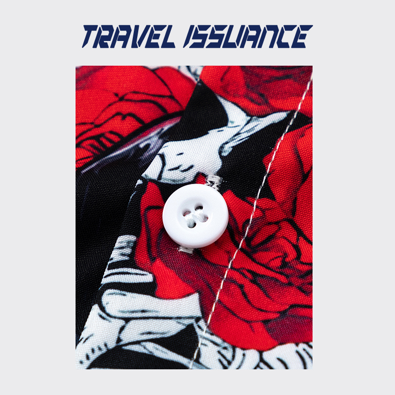 TRAVEL ISSUANCE 骷髅红玫瑰 街头复古暗黑系印花宽松短袖衬衫潮 - 图1