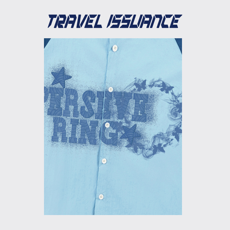 TRAVEL ISSUANCE 去吹吹风 字母星星涂鸦宽松撞色插肩短袖衬衫ins - 图2