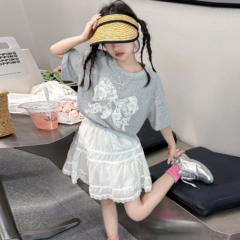 童装女童蕾丝蝴蝶结短袖蛋糕裙套装2024夏季新款韩版中大童两件套