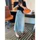 Korean rear slit butterfly denim skirt for women 2025 new summer cover high waist slimming A-line midi skirt