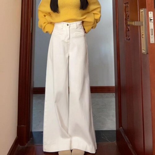 白色阔腿牛仔裤女2026夏季新款高腰宽松不贴腿显瘦垂感直筒拖地裤 - 图1