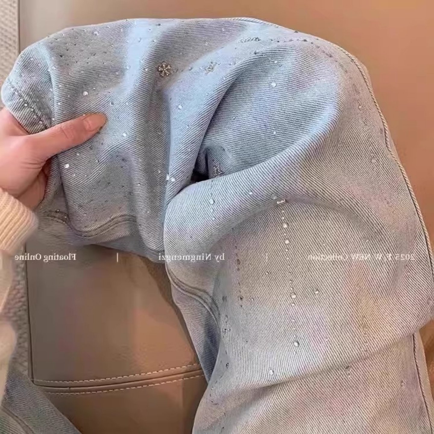 复古浅蓝色烫钻阔腿牛仔裤女2026春季新款高腰遮胯显瘦直筒长裤子,淘宝优惠券,粉丝福利购,淘宝优惠卷
