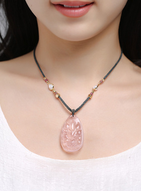 天然粉水晶狐狸吊坠女粉晶九尾狐